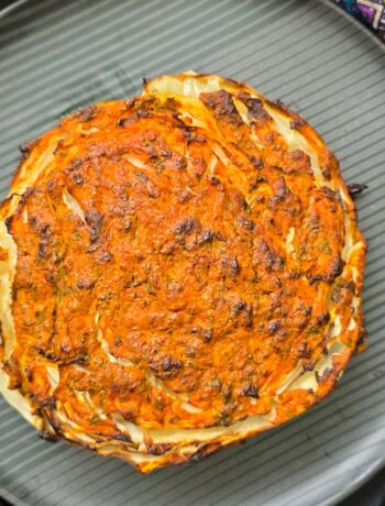 Grilled tandoori cabbage steaks.