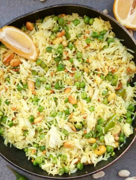 lemon and peas pulao. peela pulao, indian vegetarian dinner .