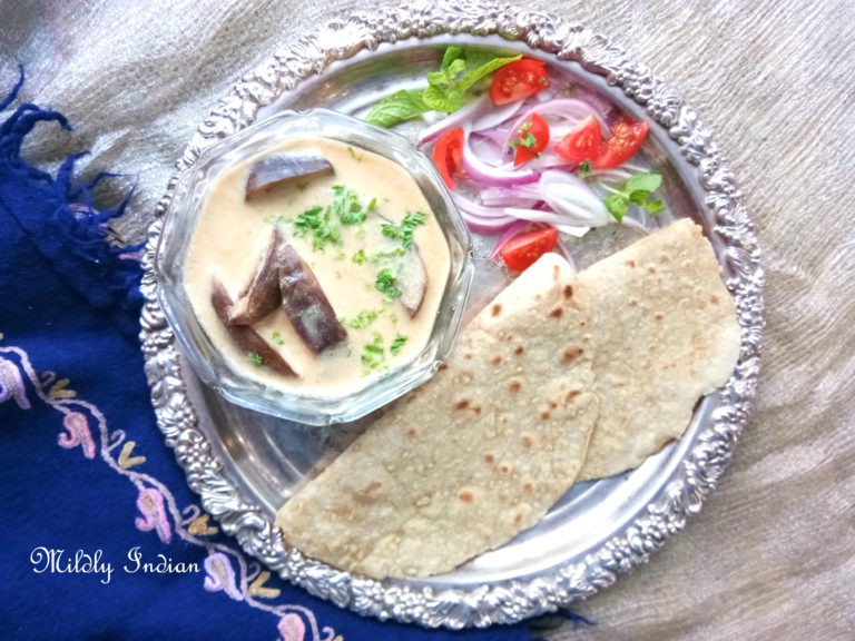Dodh Wangun -Kashmir cuisine,eggplant in yogurt gravy | Mildly Indian