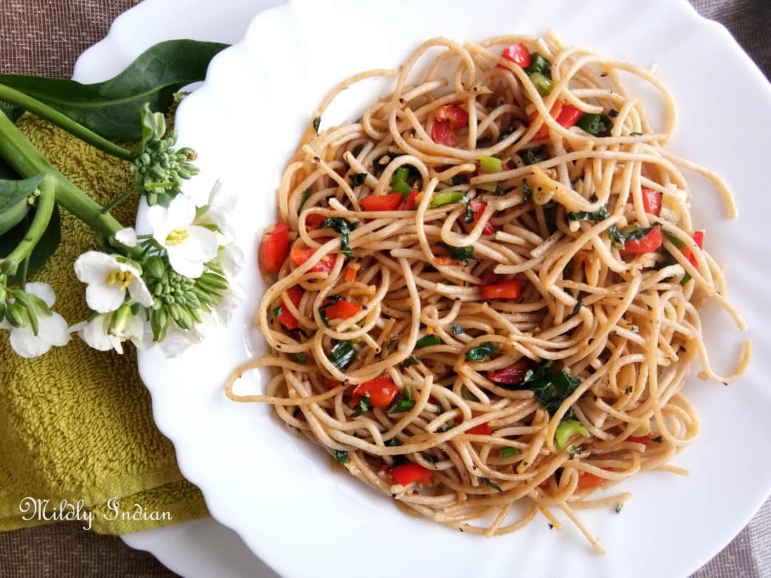 Spaghetti with garlic basil and chilli