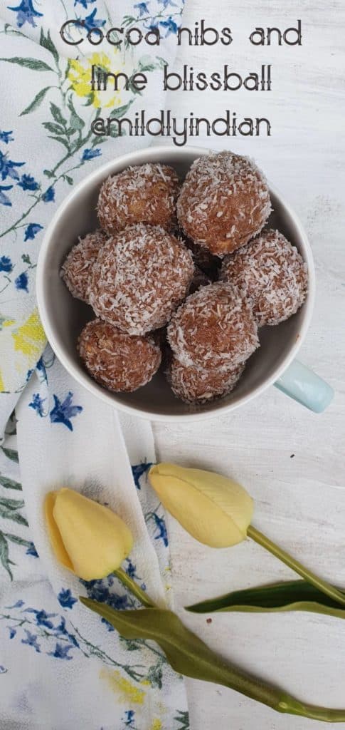 Eneergy balls with cocoa nibs, milk powder, lime and nuts 