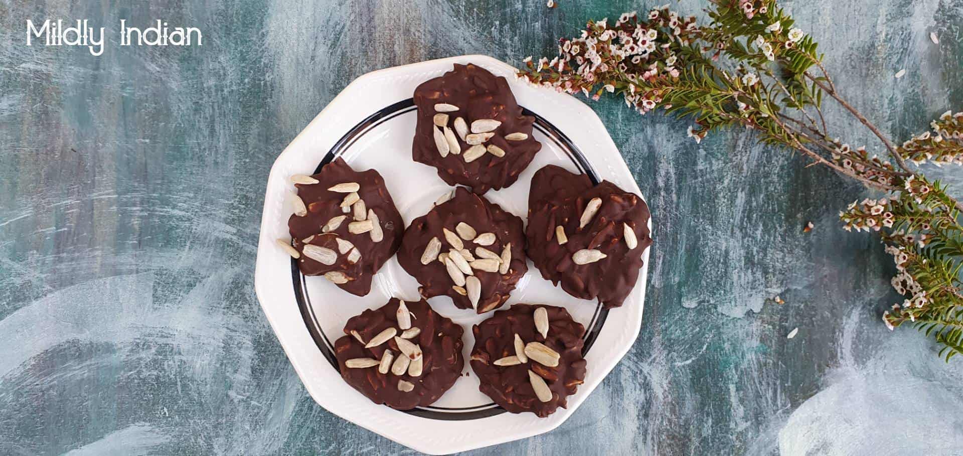 dark chocolate clusters with strawberry gum and sunflower seeds