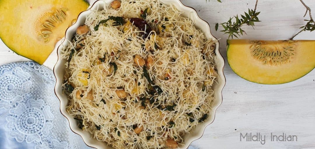 Pumpkin, kale and peanuts with rice noodles