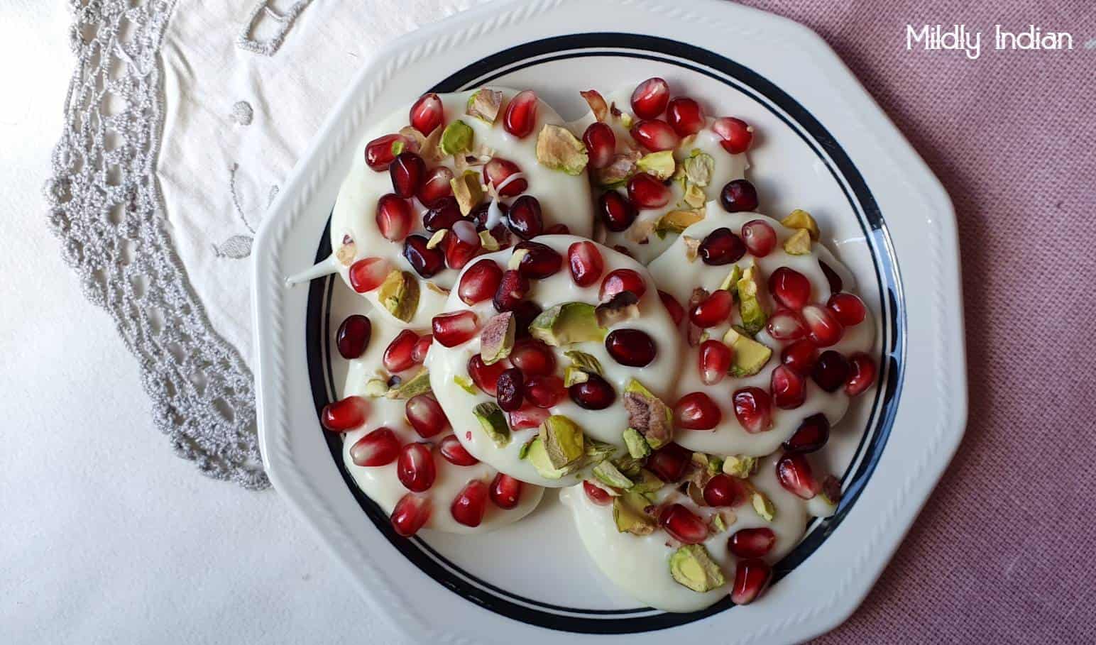 white chocolate pomegrante medallions.