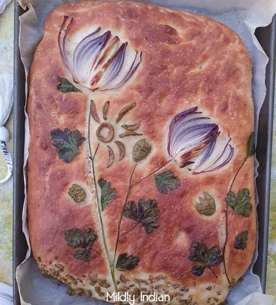 Whole wheat Focaccia art bread. Mildly Indian