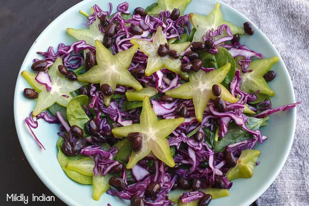 spinach blackbean purple cabbge starfruit salad 